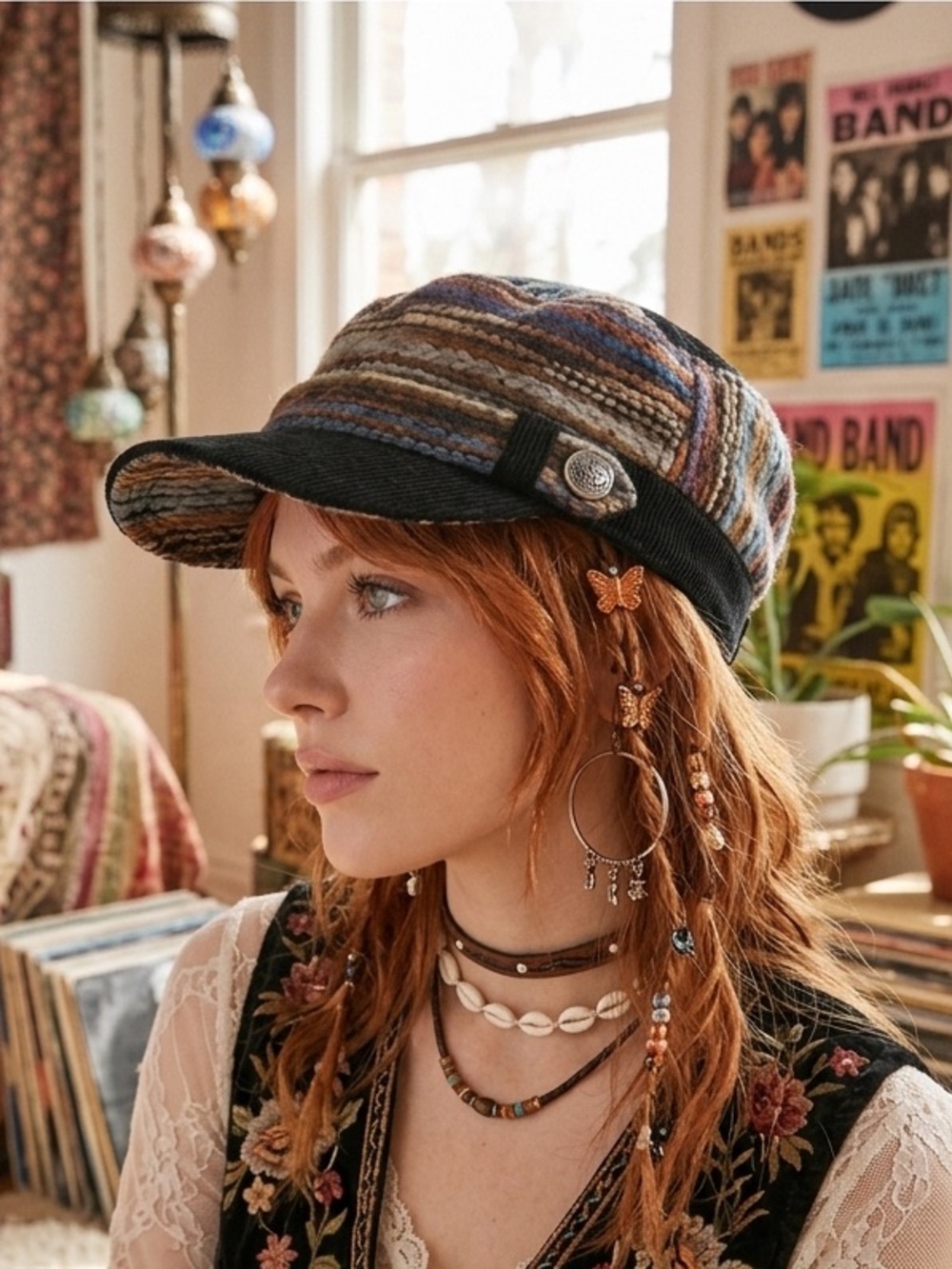 Y2K 2000s Adora Woven Yarn Rainbow Striped Black Corduroy Military Cap Hat